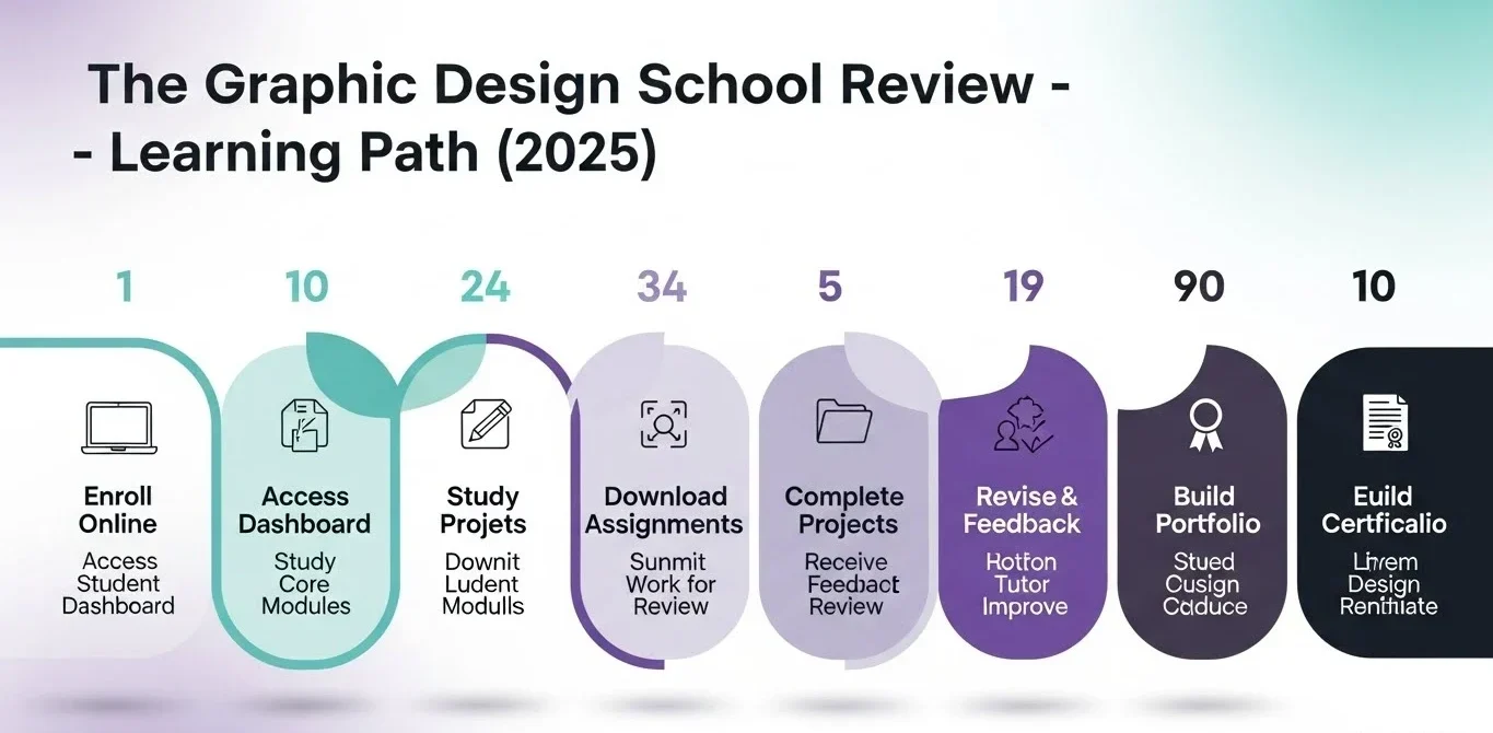 the graphic design school review step-by-step learning infographic