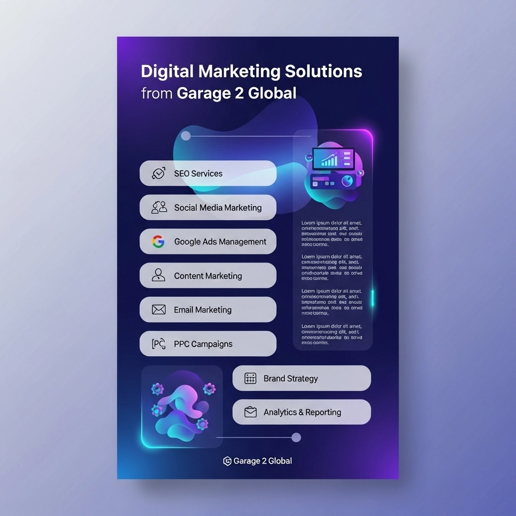 Infographic explaining digital marketing solutions from Garage 2 Global