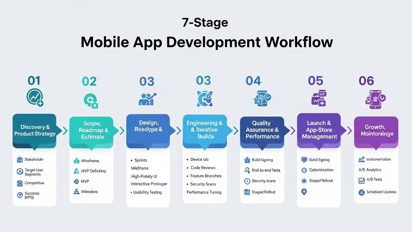 Infographic: mobile app developers at garage 2 global — 7 stage workflow.