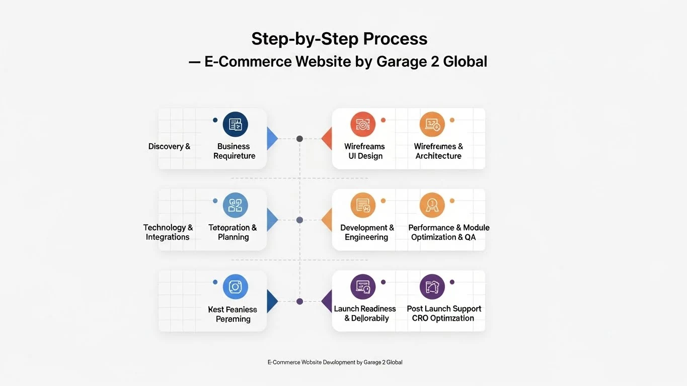 E-commerce website development by Garage 2 Global — process workflow infographic