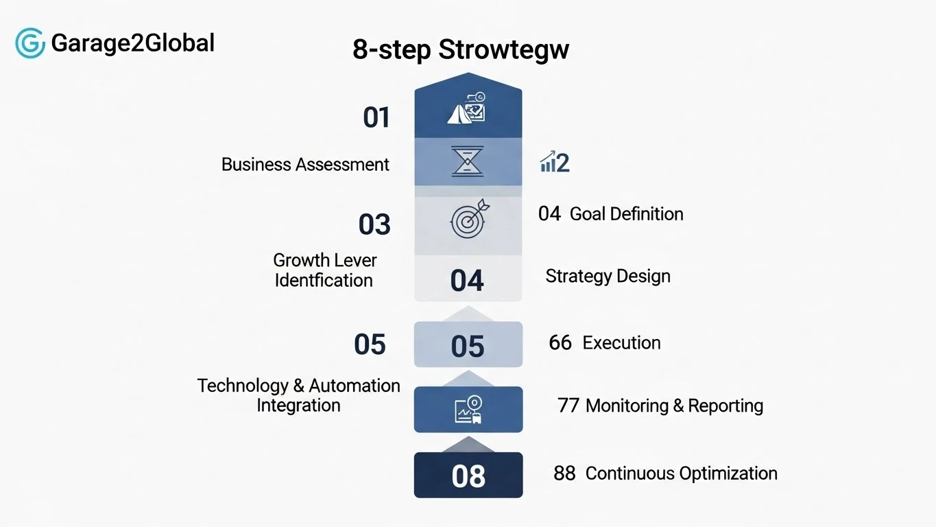 “Workflow visual for implementing business growth strategies from Garage2Global”