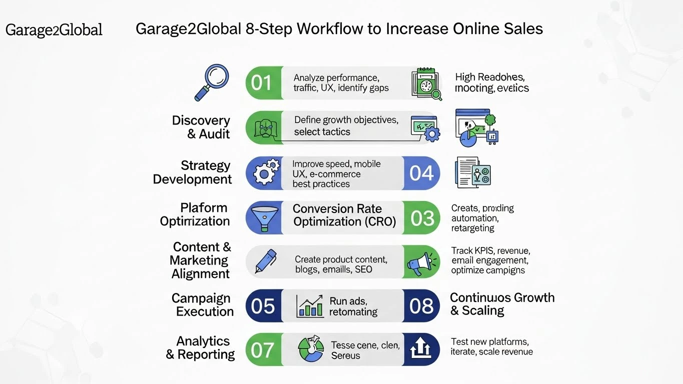 “Visual workflow illustrating strategies to increase online sales by Garage 2 Global”