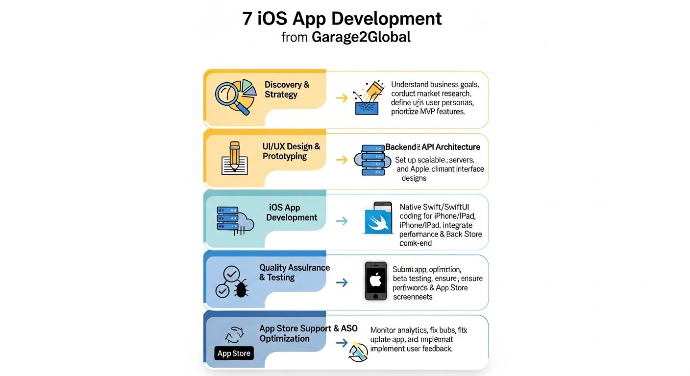 “Infographic showing the 7-stage iOS App Development process from Garage2Global”