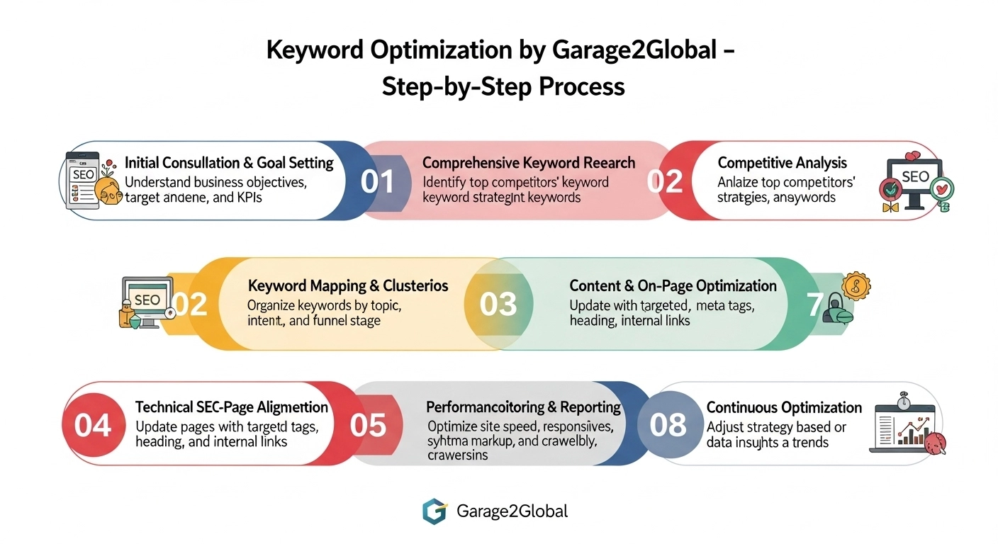 Stepwise visual of keyword optimization strategy by Garage2Global
