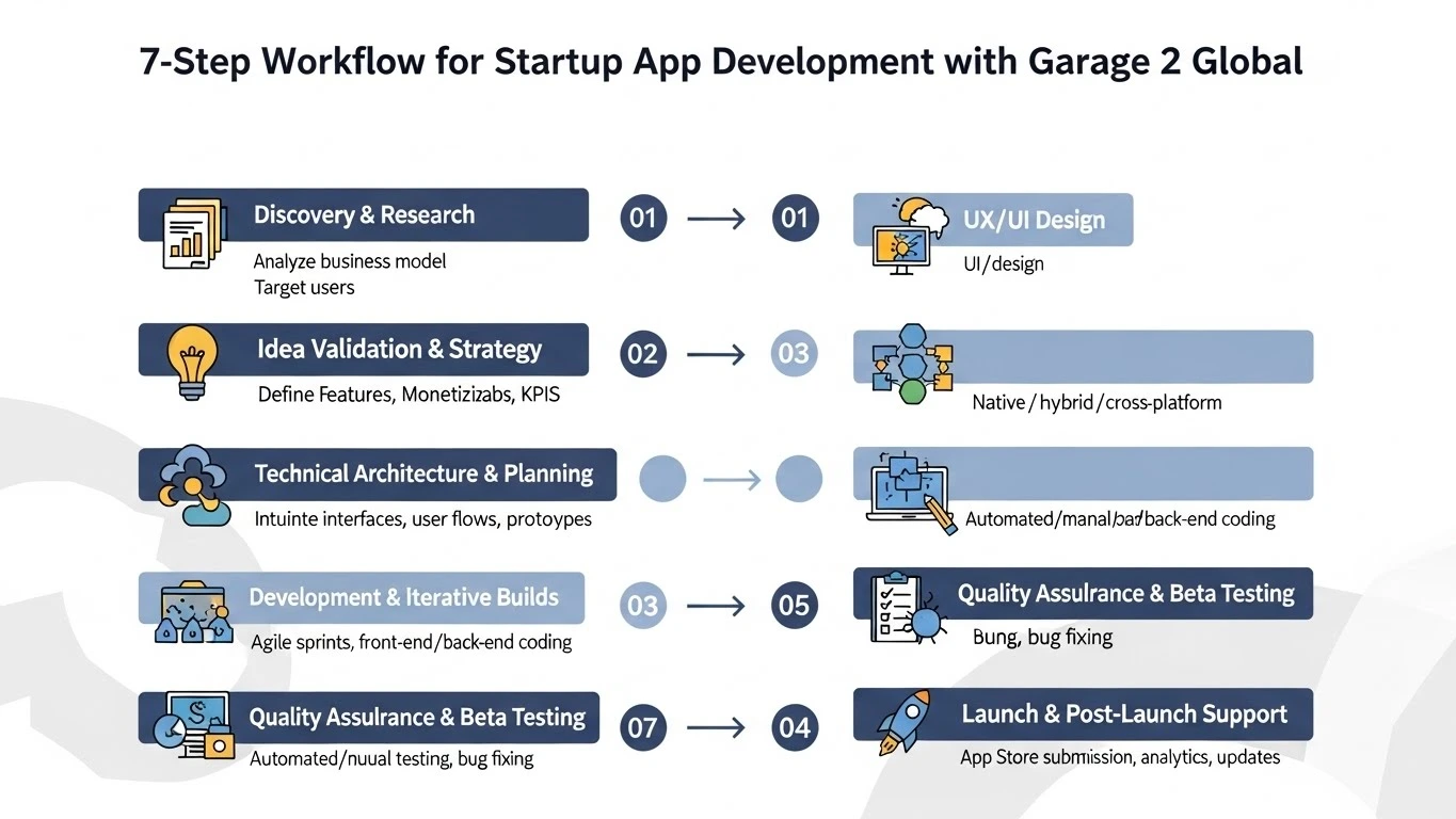 “Garage2Global startup app development steps visual”